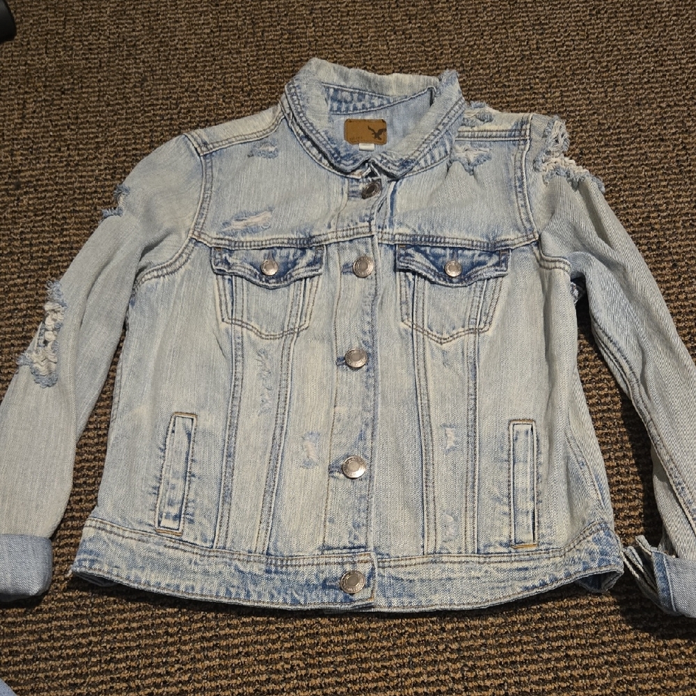 American Eagle Outfitters Light Blue Distressed Denim Jean Jacket